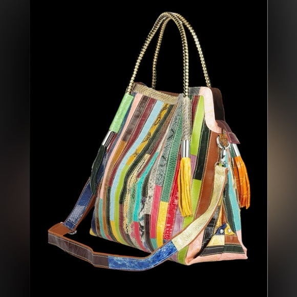 Caerlif Blue & Yellow Snake Embossed Stripe Leather Tote - Brand New - Picture 5 of 7